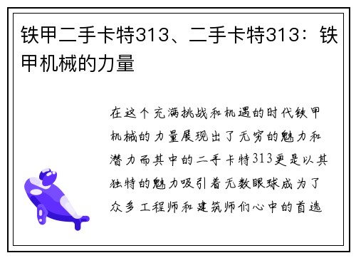 铁甲二手卡特313、二手卡特313:铁甲机械的力量 铁甲二手卡特313、二手卡特313:铁甲机械的力量